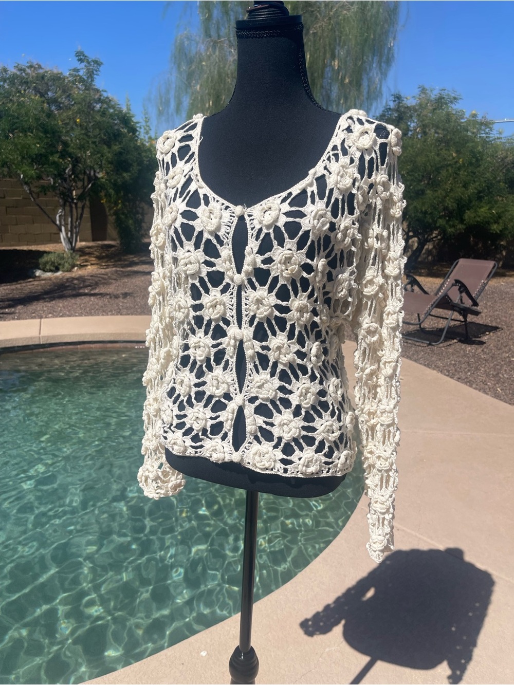 Vintage Cream Granny Doily Crochet Floral Cardigan Eyelet Coastal Cowgirl